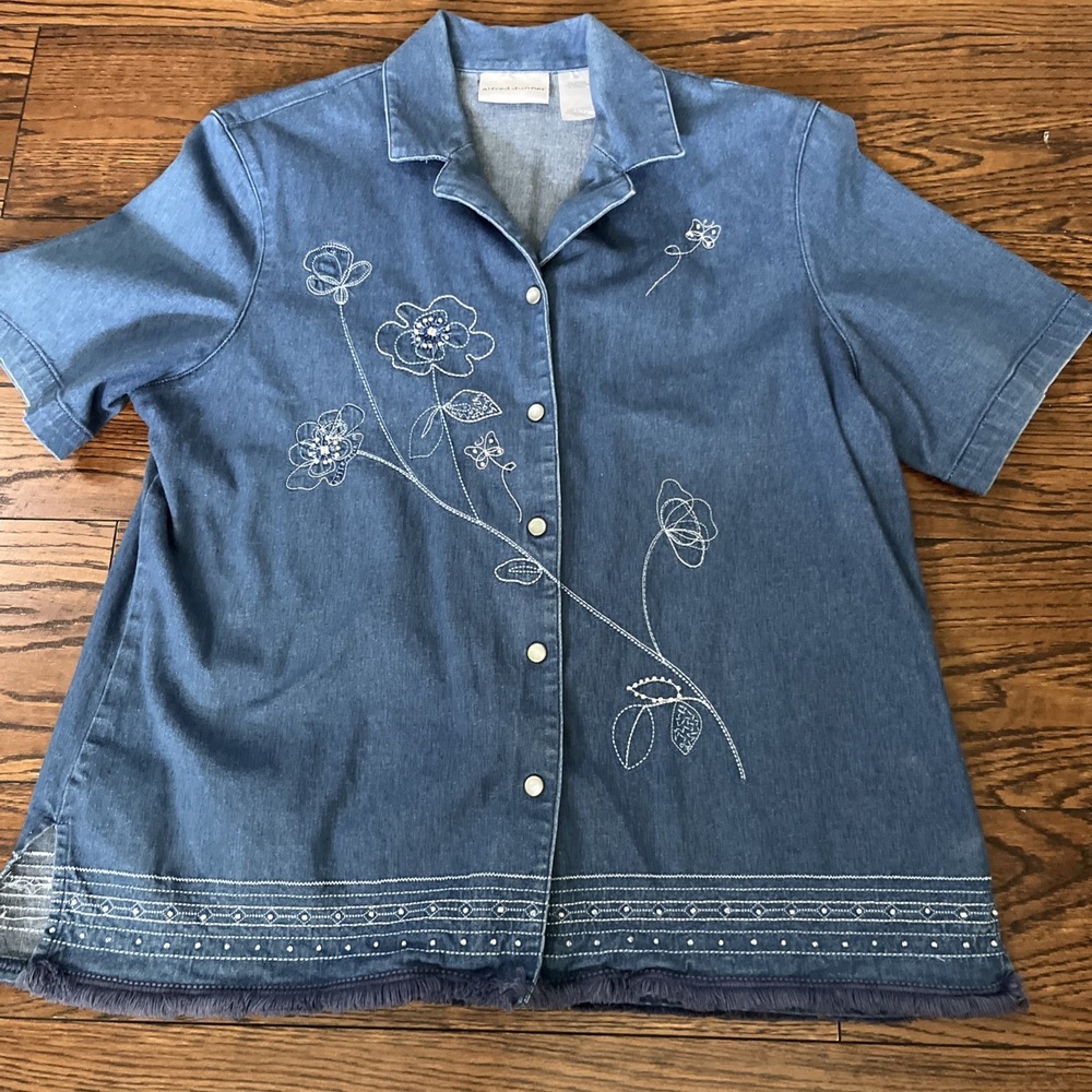 Alfred Dunner Denim Button Up Embroidered Floral Shirt Beaded Size 12